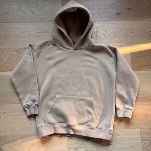 Beige Fleece Hoodie Youth Size 150 Minimalist Pullover Kangaroo Pocket